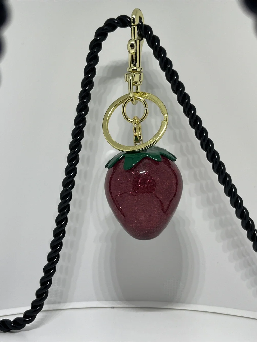 Strawberry Charm Pendant Keychain - Red-burgundy & Green with Gold Hardware